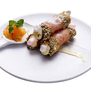 canooli cream custard, pistachio, & orange compote